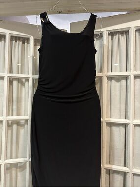 Saints 21 Women's Black Sleeveless Ruched Midi Dress with Gold-Tone Ring Detail
